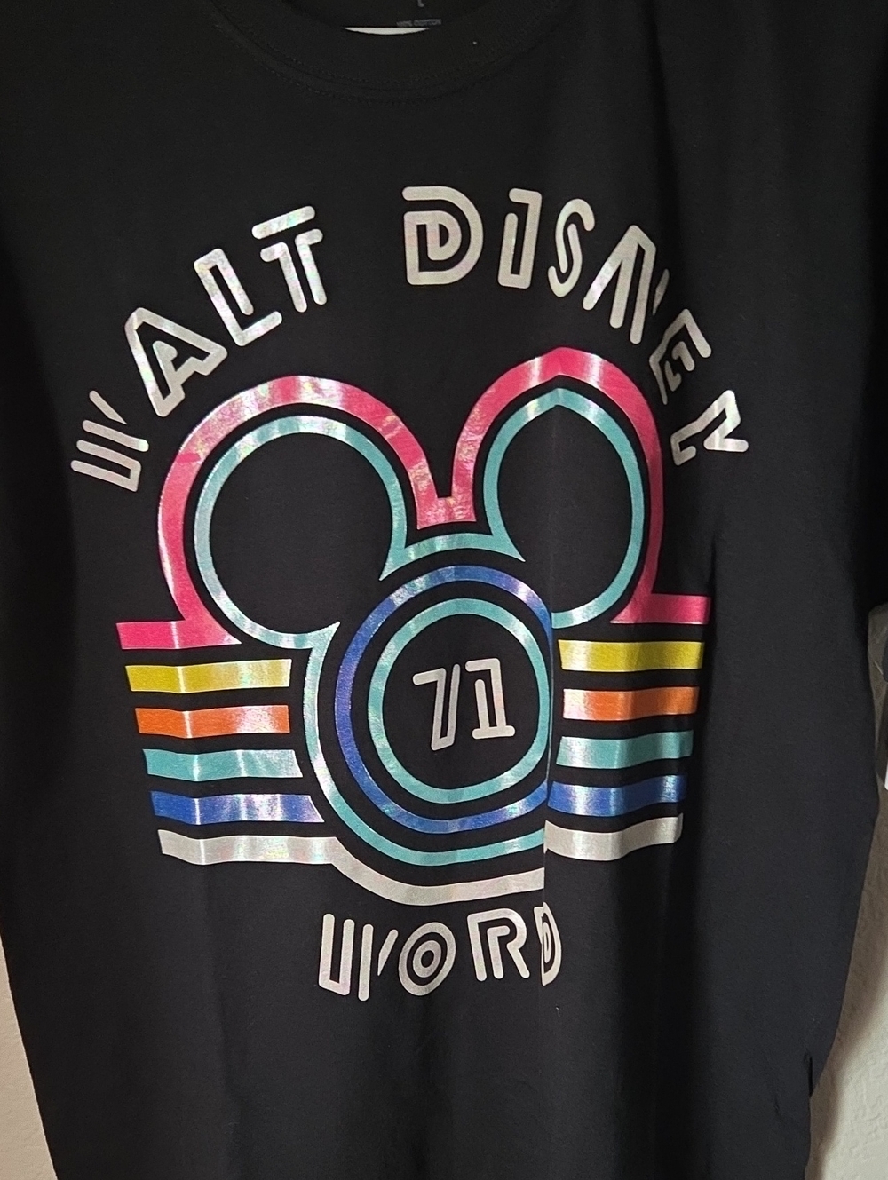 Disney Black Kids Short Sleeve Tee with Iridescent Rainbow Mickey Graphic